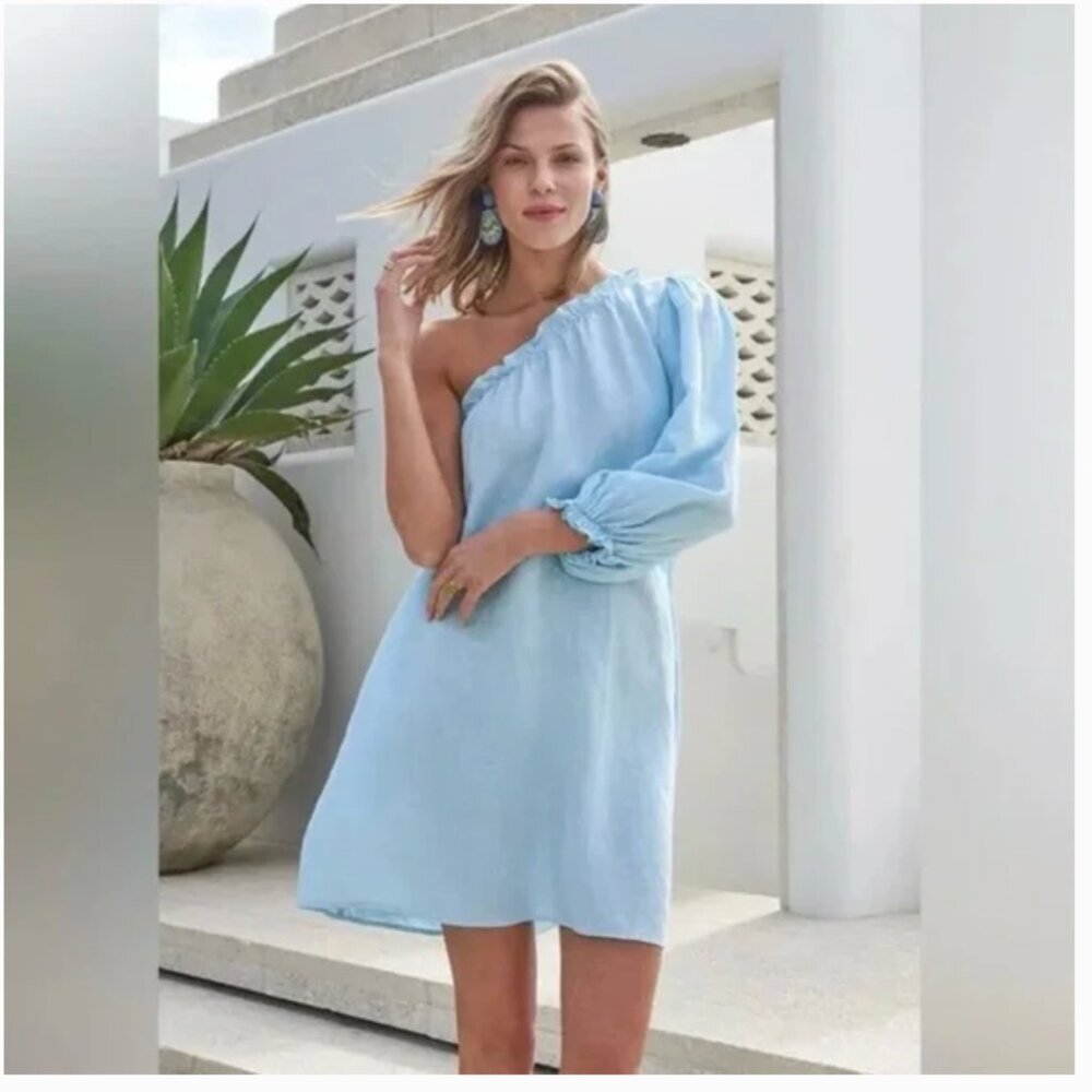 LAKE Milly Dress in Aqua Blue linen size Large one shoulder
